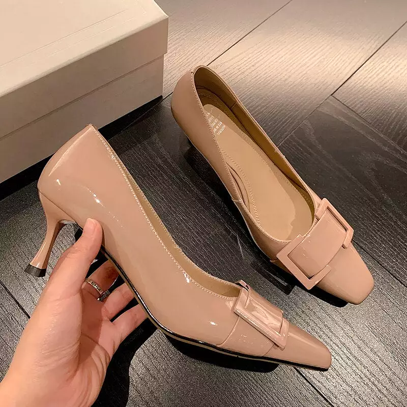 2023 women's natural leather pumps with full leather construction, available in 3 colors. Square toe design with stiletto heel, 