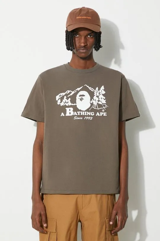 A Bathing Ape print brown cotton t-shirt Camp Tee for men 1J80110046