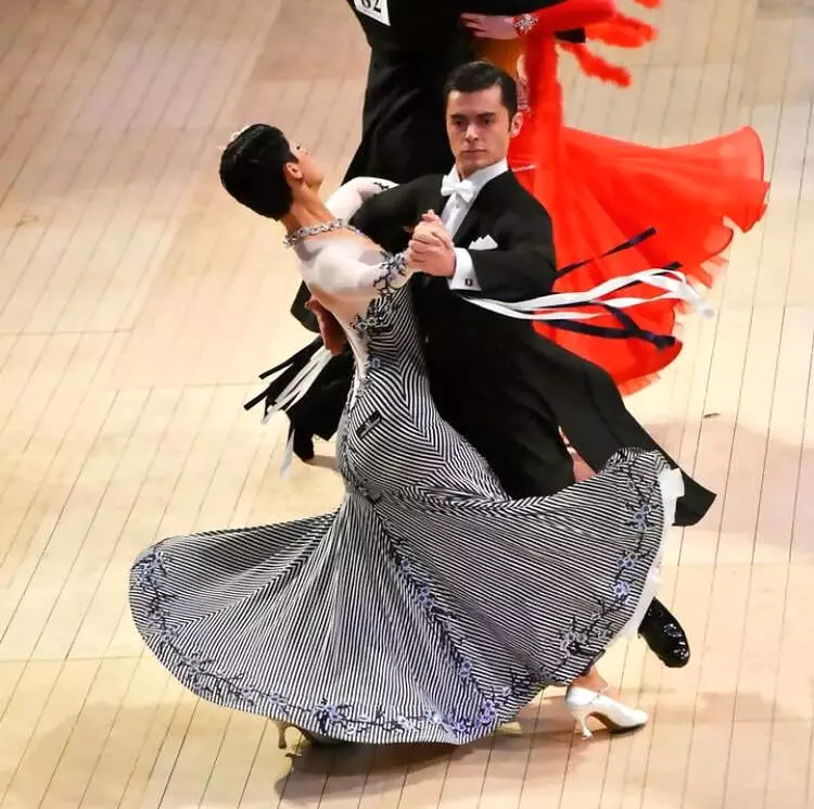 Abraham Martinez ballroom dress in blue and white