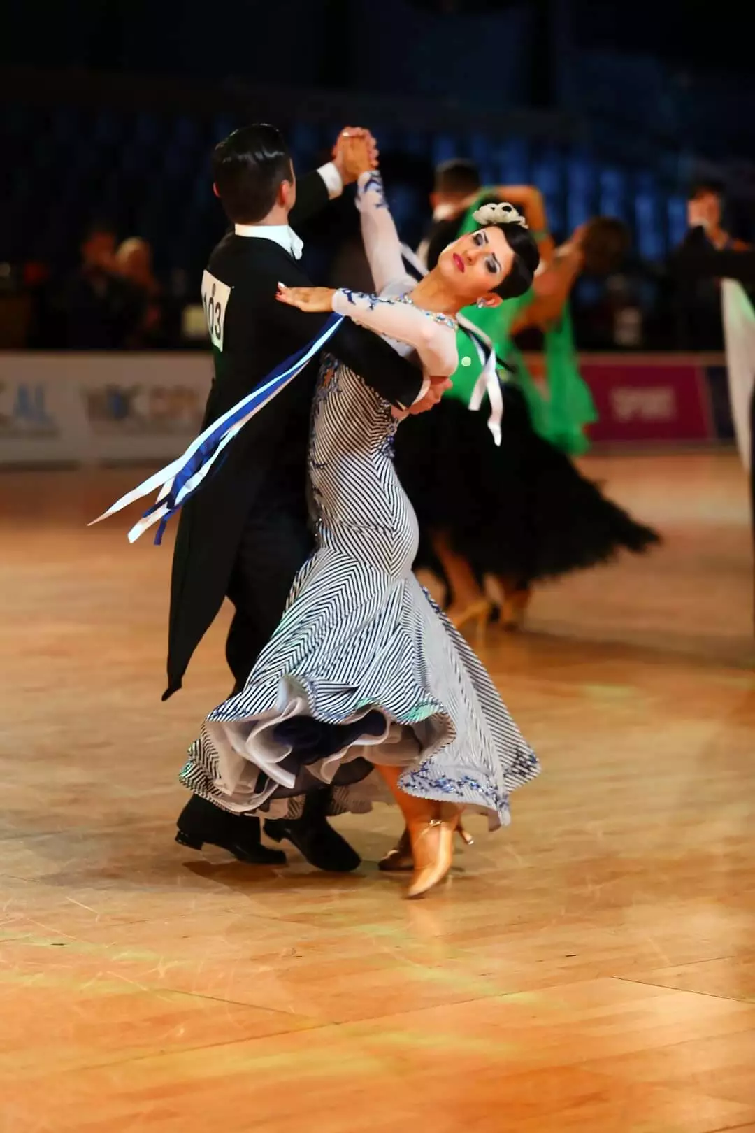 Abraham Martinez ballroom dress in blue and white