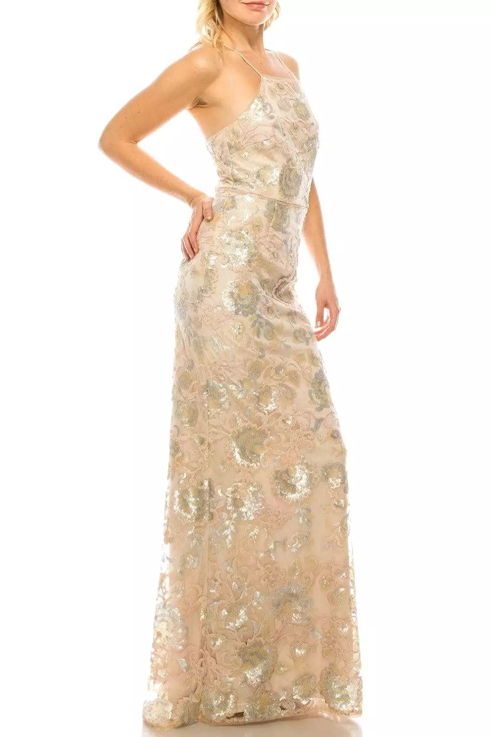 Adrianna Papell Floral Sequin Halter Sheath Dress (AP1E202991)