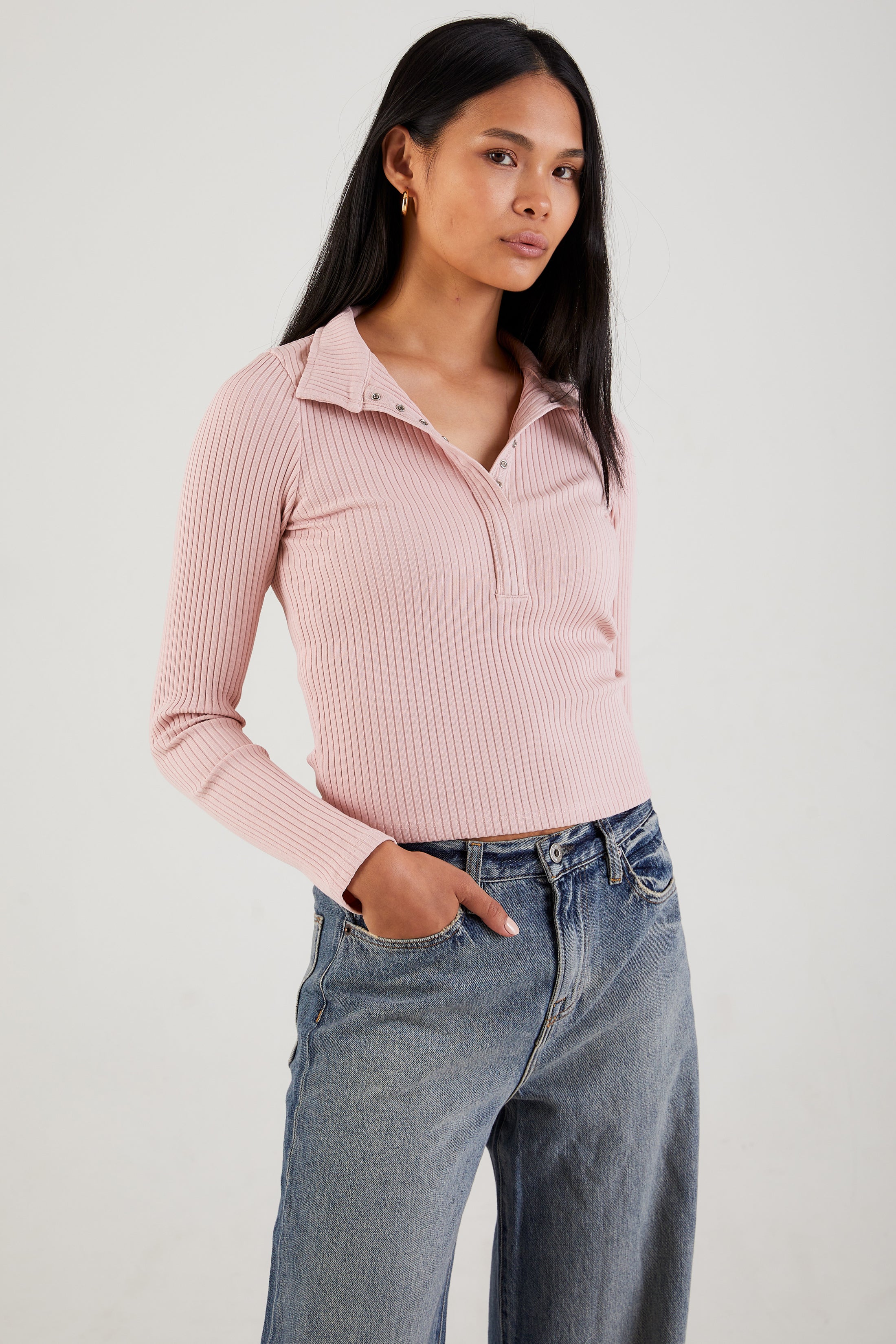 AIi Rib Long Sleeve Crop Snap Polo in Dust