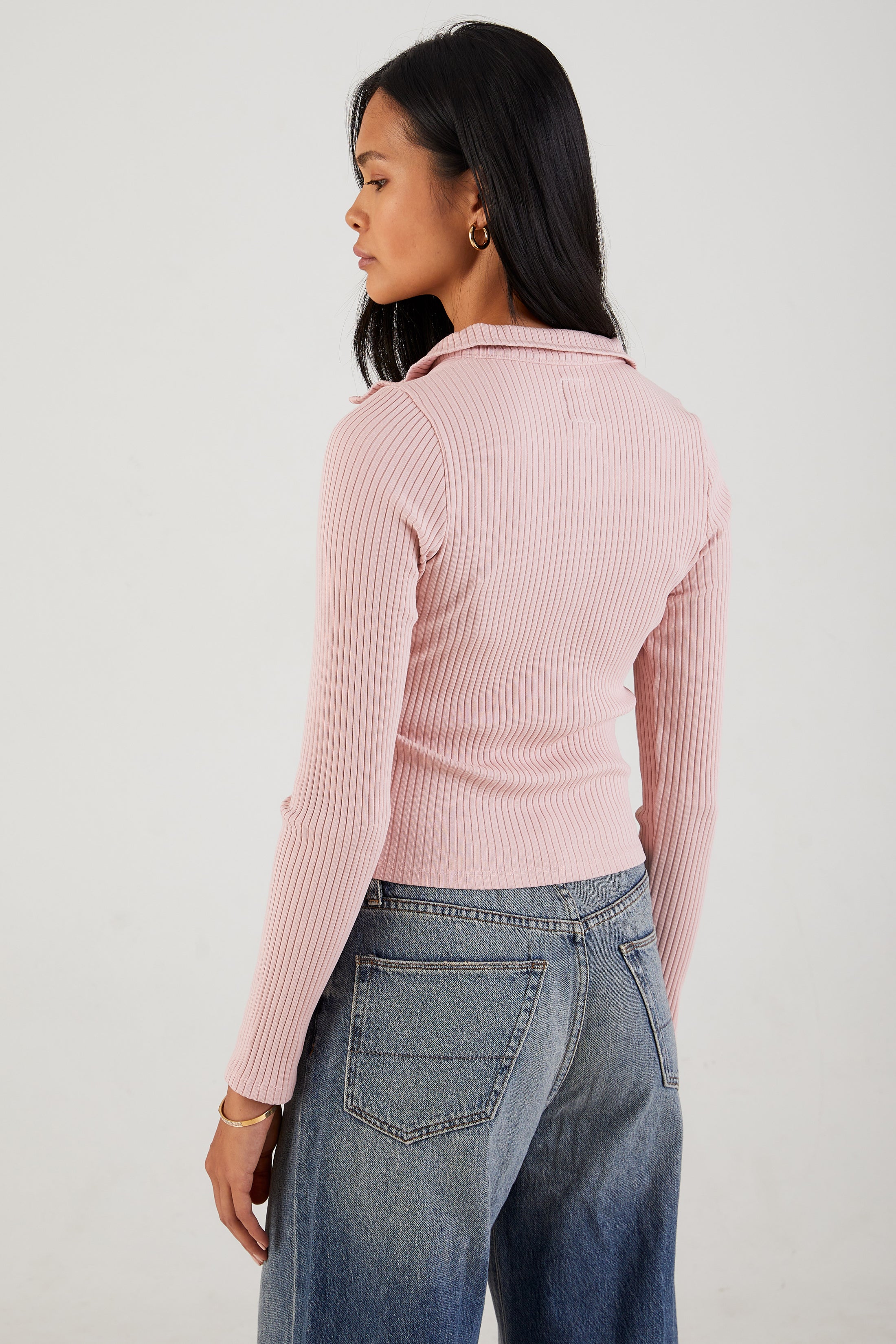 AIi Rib Long Sleeve Crop Snap Polo in Dust