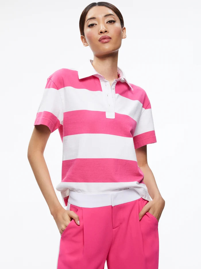 Alice + Olivia - Treva Boxy Polo Shirt in Candy/White.