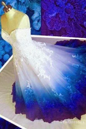 Blue Applique Sweetheart Strapless Ball Gown Ombre Prom Dresses