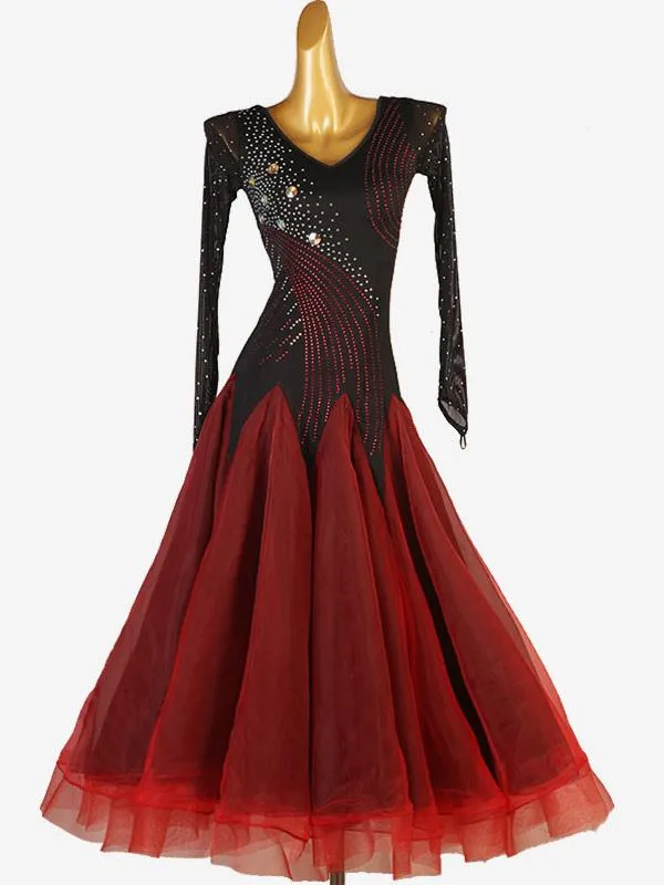 Women's Black Red Ballroom Dance Dress with Rhinestones – Elegant Lycra Spandex Costume