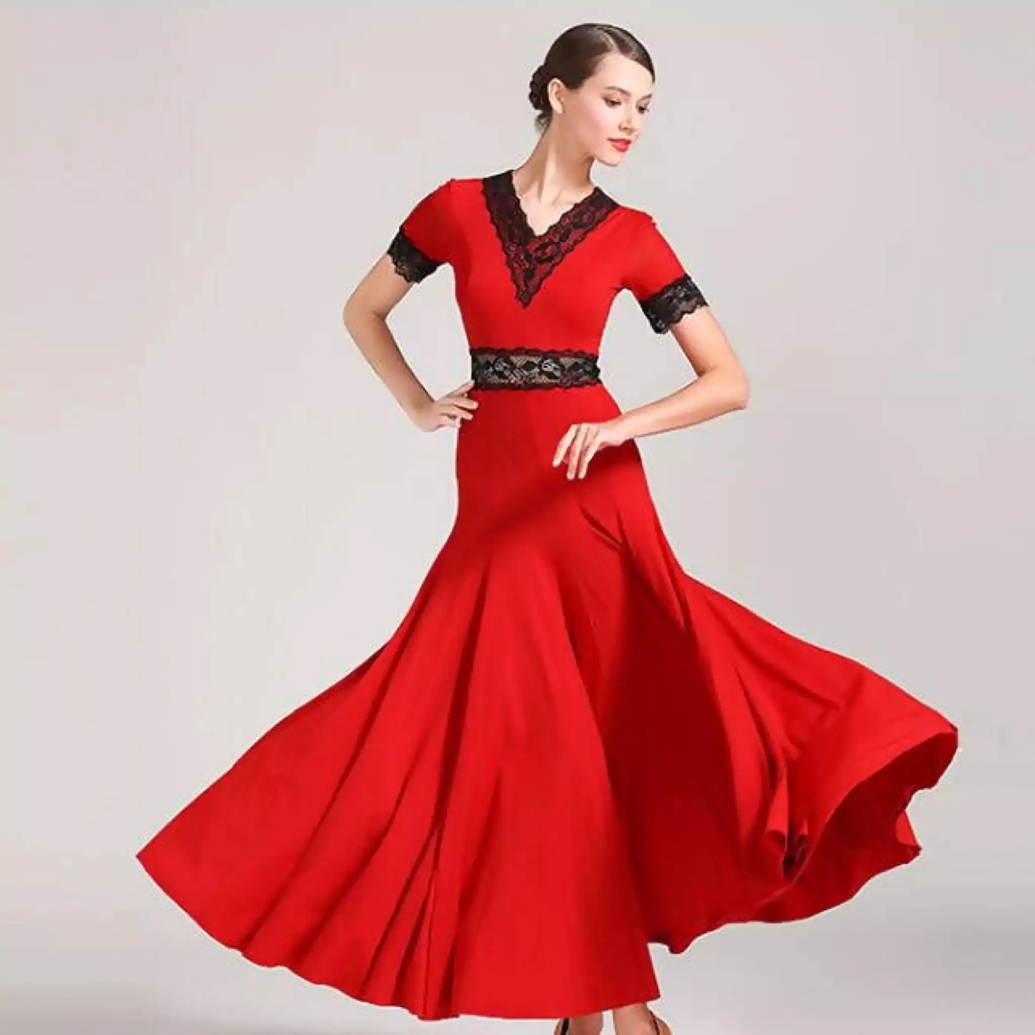 Ballroom Dance Dress - Short Sleeve | Red, Green, Black | Style 9056