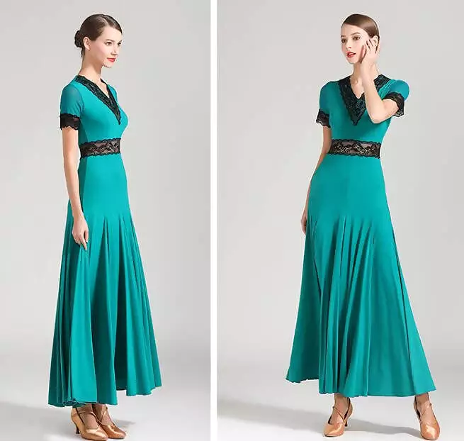 Ballroom Dance Dress - Short Sleeve | Red, Green, Black | Style 9056