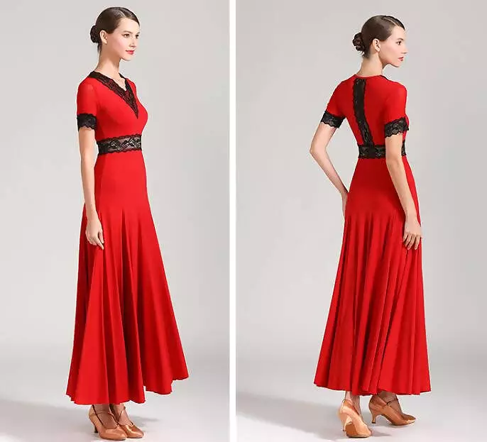 Ballroom Dance Dress - Short Sleeve | Red, Green, Black | Style 9056