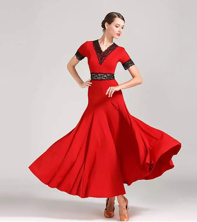 Ballroom Dance Dress - Short Sleeve | Red, Green, Black | Style 9056