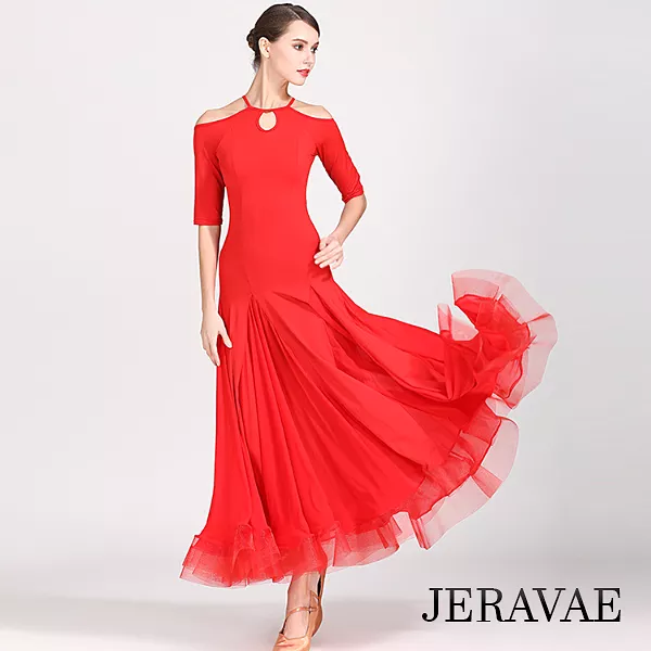 Ballroom Practice Dress with Cold Shoulder Detail, Keyhole, Half Sleeves - Red or Black (PRA 805_sale)