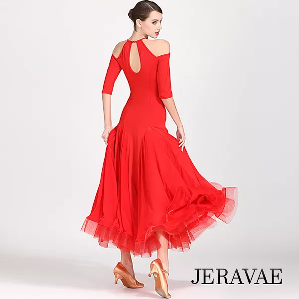 Ballroom Practice Dress with Cold Shoulder Detail, Keyhole, Half Sleeves - Red or Black (PRA 805_sale)