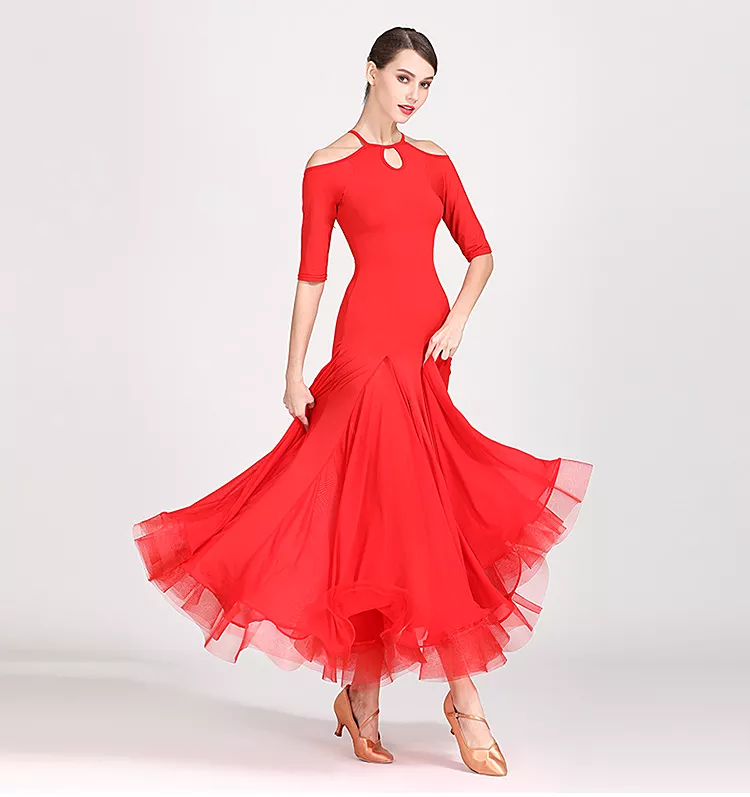 Ballroom Practice Dress with Cold Shoulder Detail, Keyhole, Half Sleeves - Red or Black (PRA 805_sale)