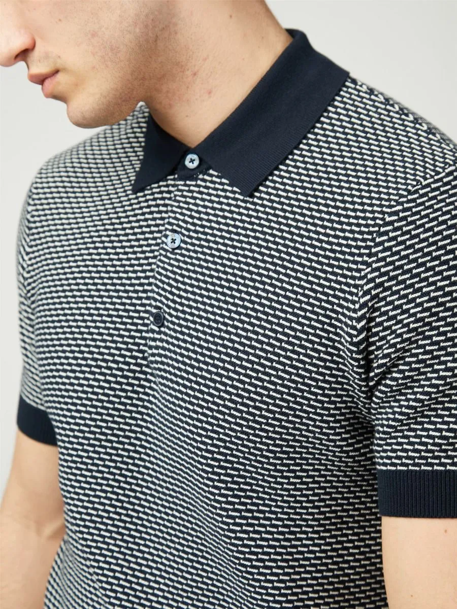 Dark Navy Ben Sherman Bicoloured Textured Knitted Polo Shirt