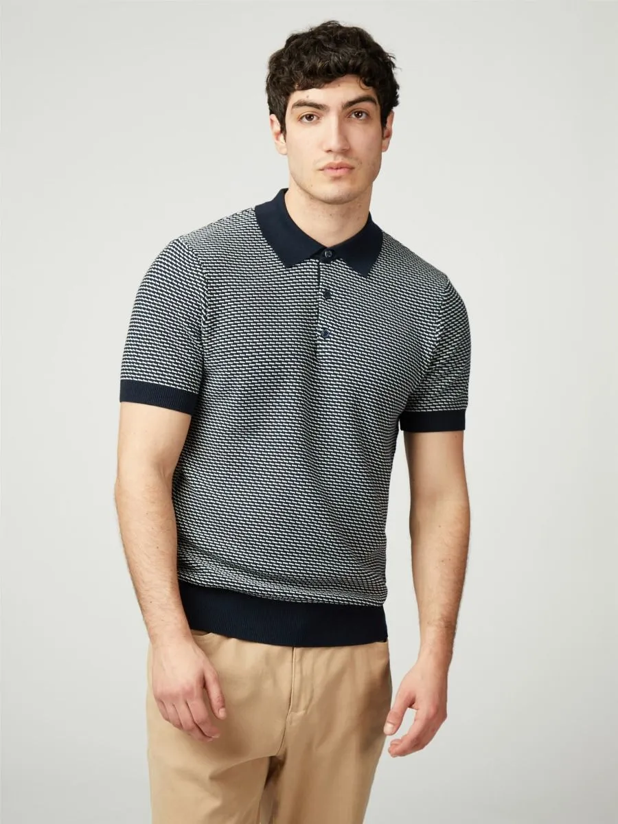 Dark Navy Ben Sherman Bicoloured Textured Knitted Polo Shirt