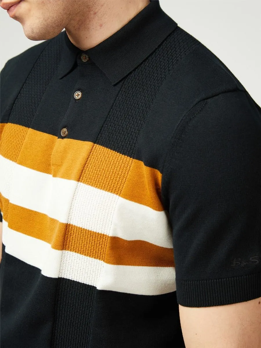 Black Ben Sherman Chest Stripe Knitted Polo Shirt