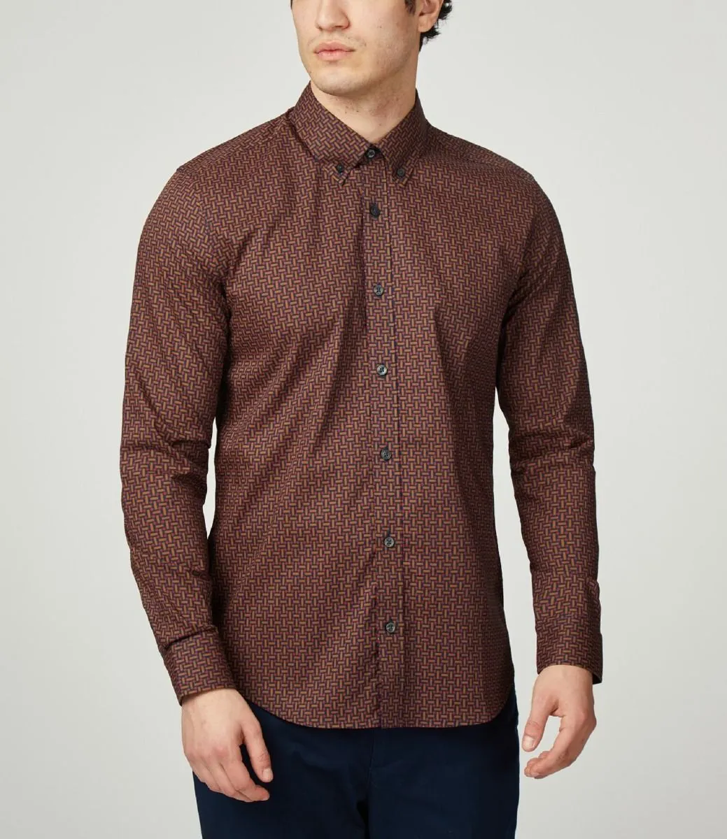 Ben Sherman Long Sleeve Split Spot Print Brown Shirt