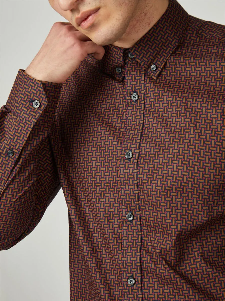 Ben Sherman Long Sleeve Split Spot Print Brown Shirt