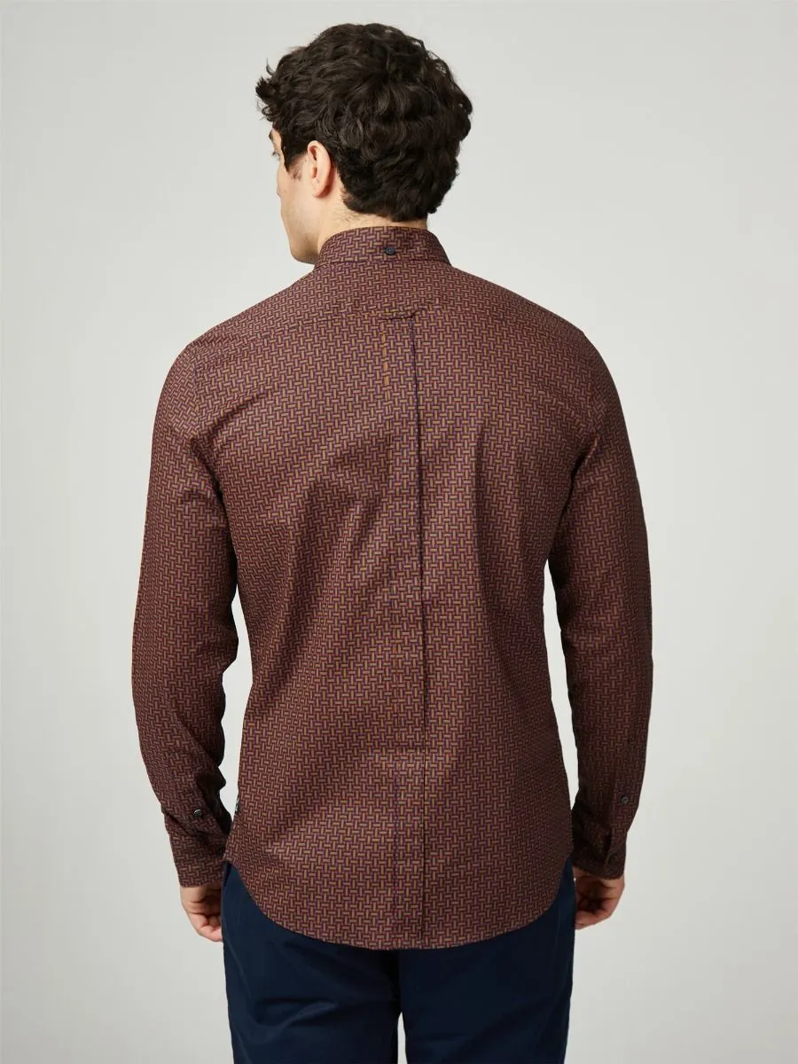 Ben Sherman Long Sleeve Split Spot Print Brown Shirt