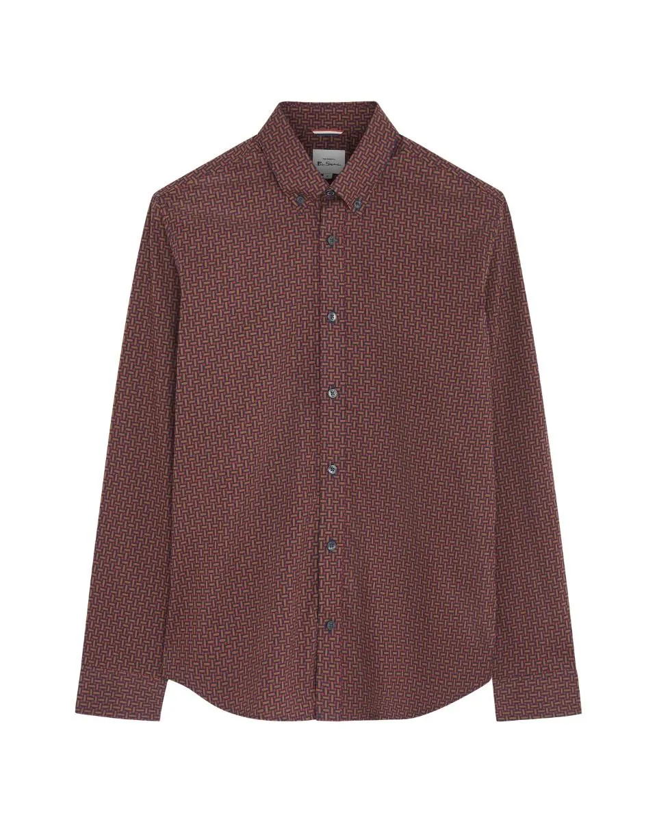 Ben Sherman Long Sleeve Split Spot Print Brown Shirt