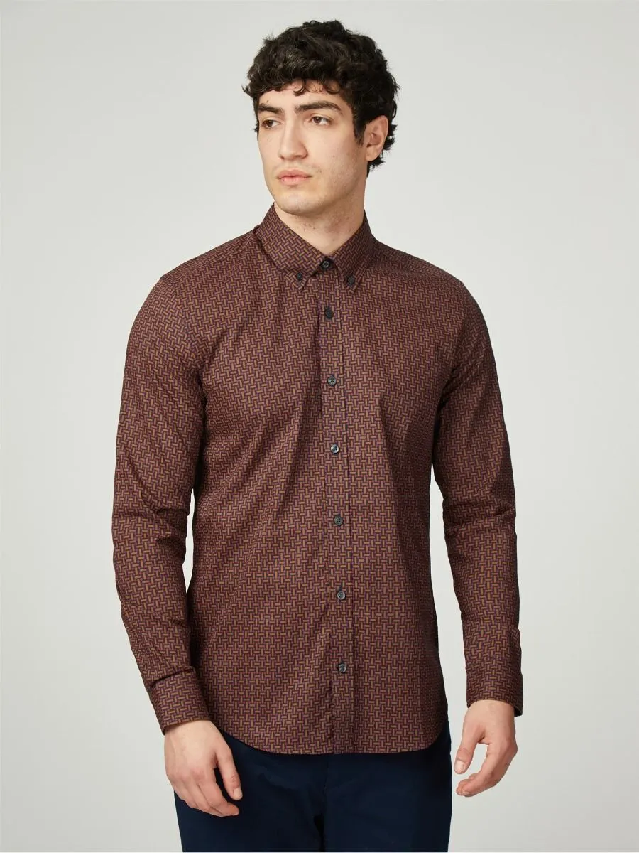 Ben Sherman Long Sleeve Split Spot Print Brown Shirt