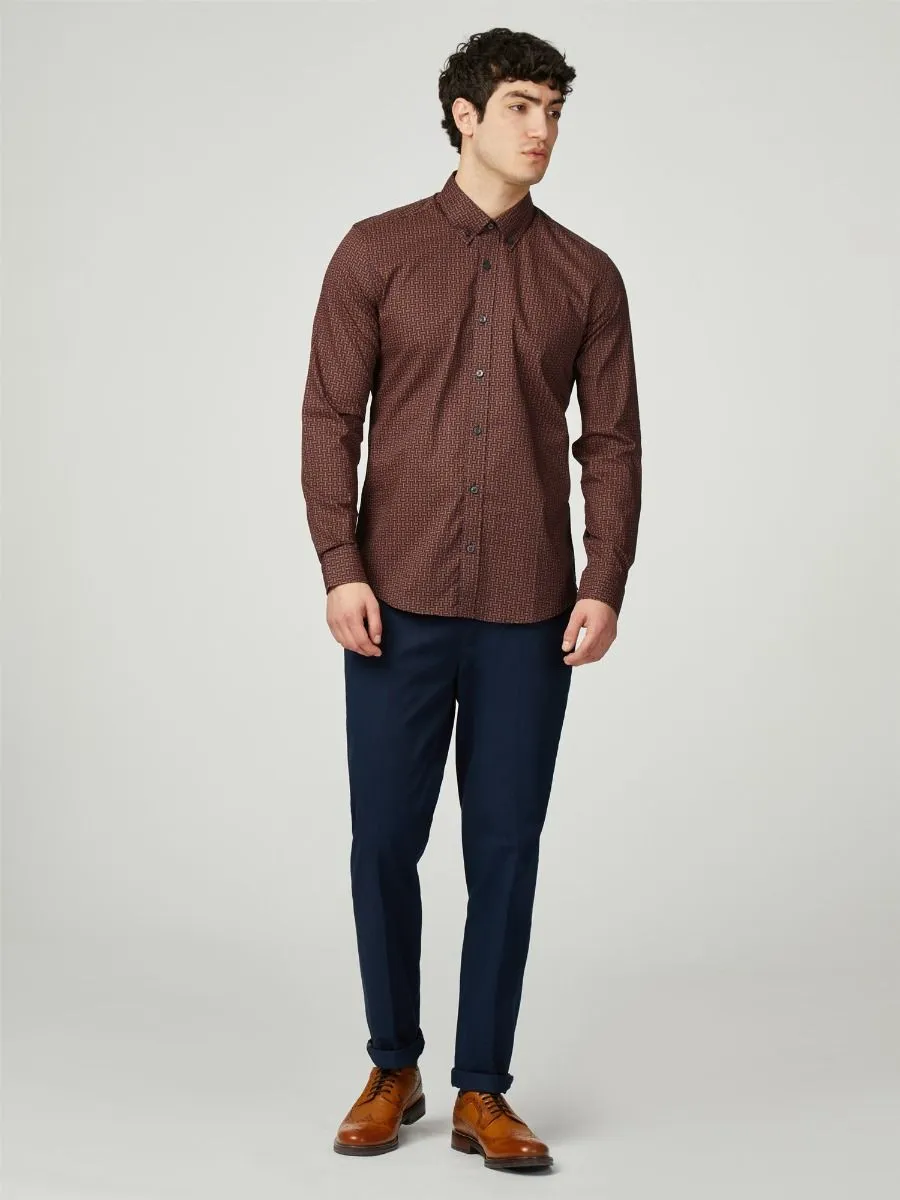 Ben Sherman Long Sleeve Split Spot Print Brown Shirt