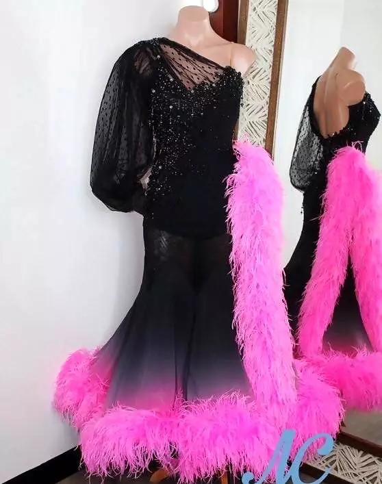 Black & Pink Ballroom Dress with Feathers for Sale online - Shop Now