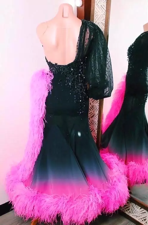 Black & Pink Ballroom Dress with Feathers for Sale online - Shop Now