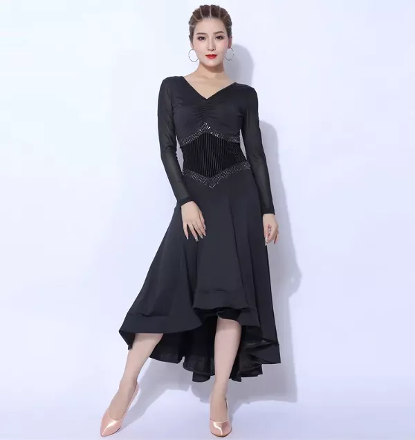 Black Ballroom Practice Dress Long Mesh Sleeves Ribbed Velvet Corset Waist Asymmetrical Hem PRA 1082 sale - Google SEO result: S