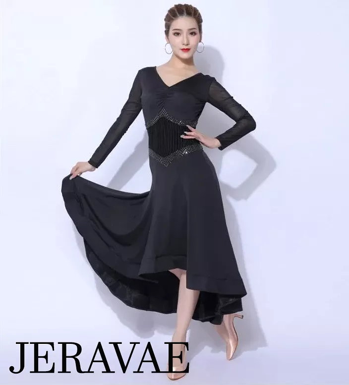 Black Ballroom Practice Dress Long Mesh Sleeves Ribbed Velvet Corset Waist Asymmetrical Hem PRA 1082 sale - Google SEO result: S