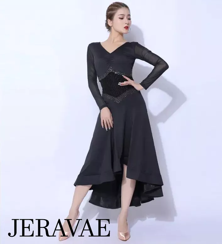 Black Ballroom Practice Dress Long Mesh Sleeves Ribbed Velvet Corset Waist Asymmetrical Hem PRA 1082 sale - Google SEO result: S