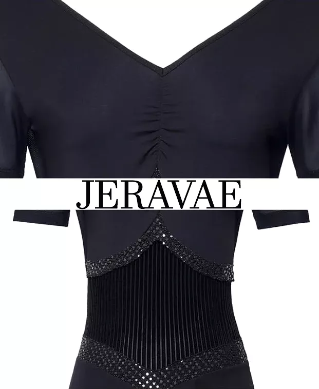 Black Ballroom Practice Dress Long Mesh Sleeves Ribbed Velvet Corset Waist Asymmetrical Hem PRA 1082 sale - Google SEO result: S