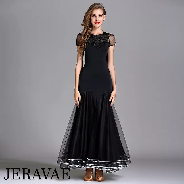 black ballroom practice dress with lace detail and ribbon accent on hem sale