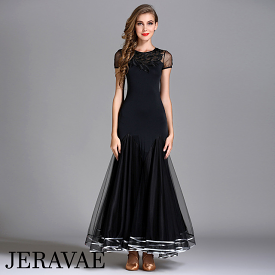 black ballroom practice dress with lace detail and ribbon accent on hem sale