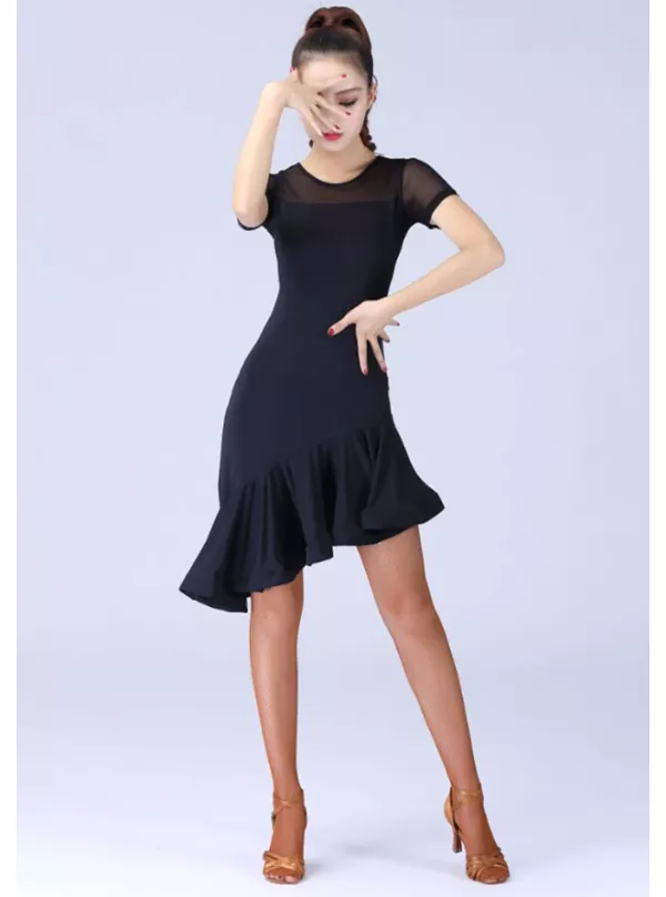 Black Latin Practice Dress on Sale - Short Mesh Sleeve with Ruffle Hem