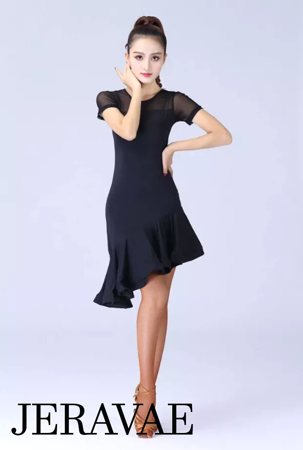 Black Latin Practice Dress on Sale - Short Mesh Sleeve with Ruffle Hem