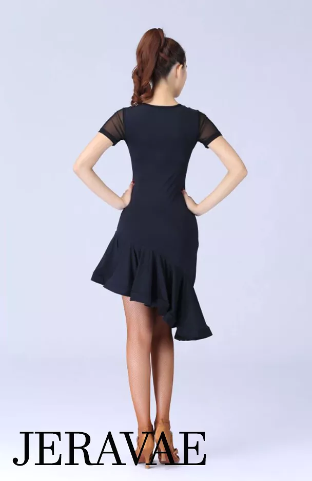 Black Latin Practice Dress on Sale - Short Mesh Sleeve with Ruffle Hem