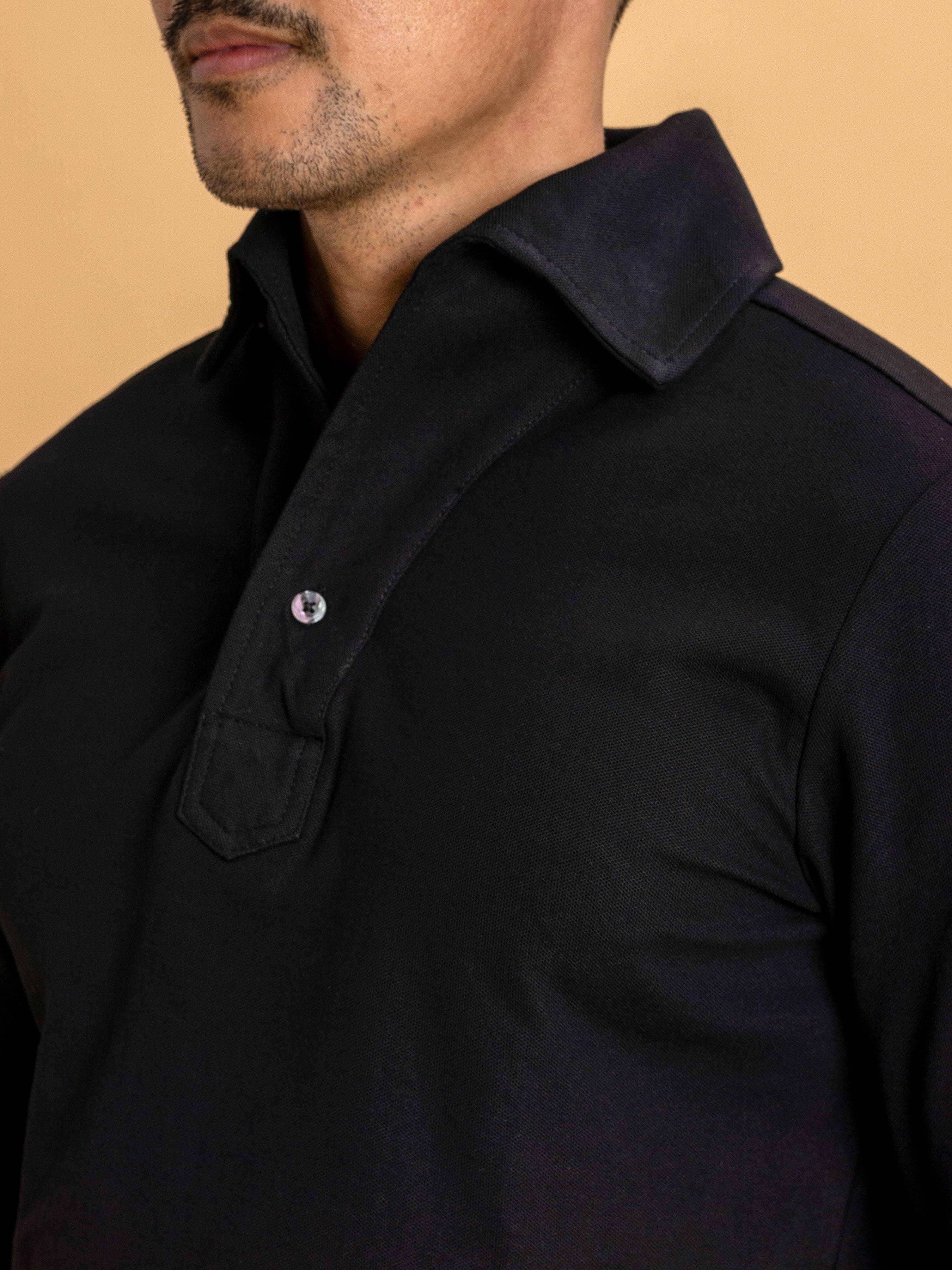 Black Long Sleeve Polo Shirt with One-Piece Collar and Single Button