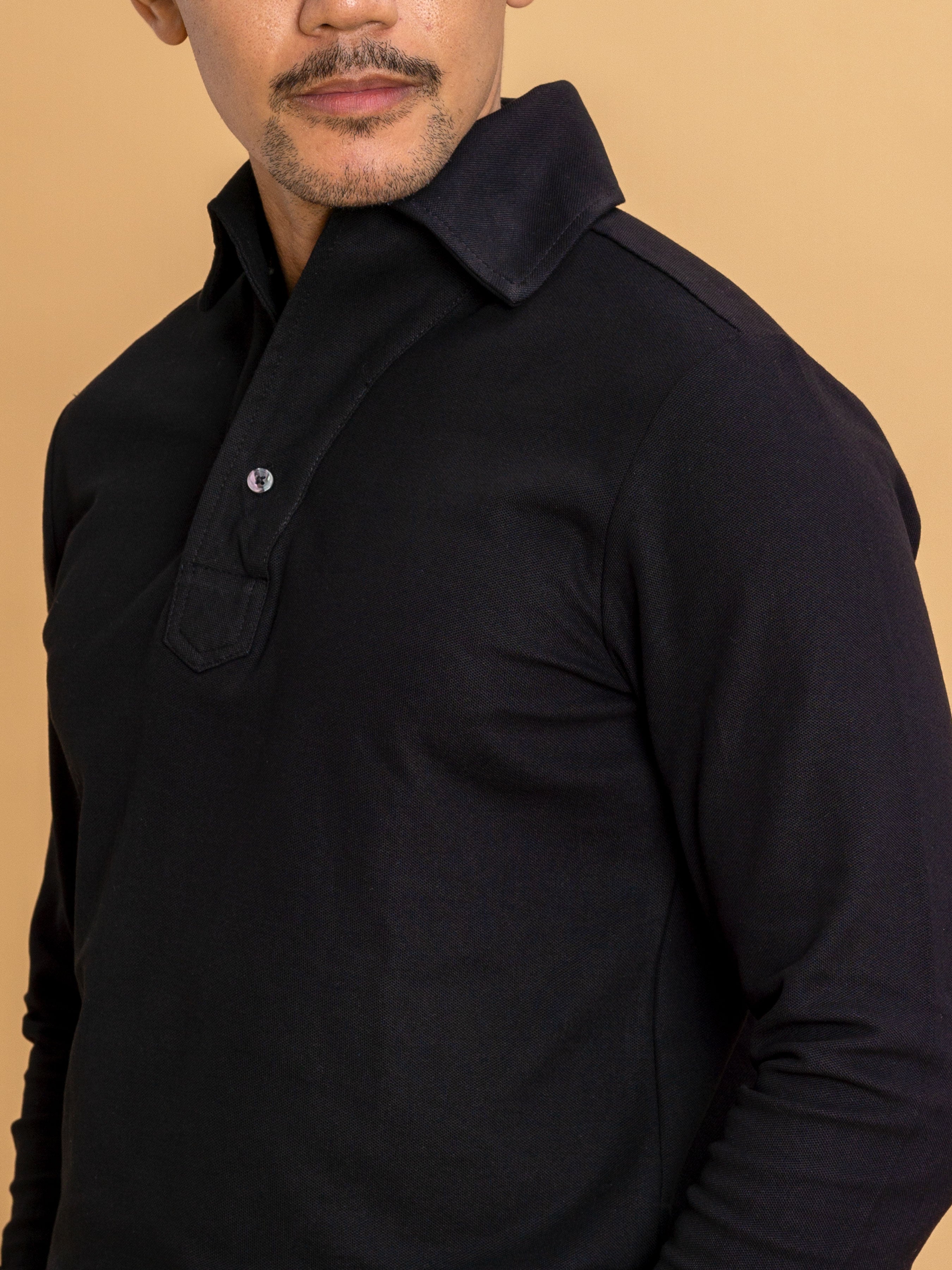 Black Long Sleeve Polo Shirt with One-Piece Collar and Single Button