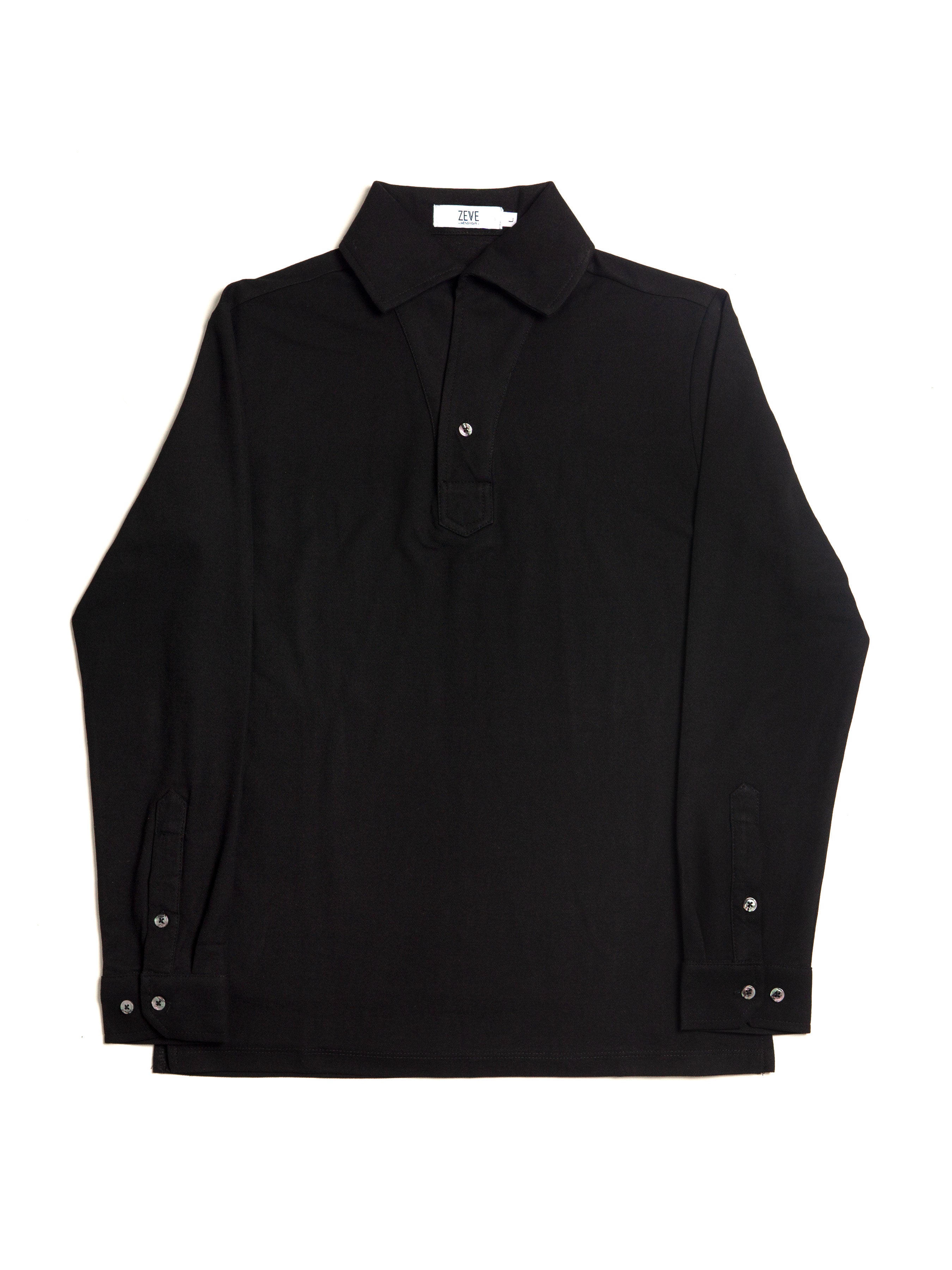 Black Long Sleeve Polo Shirt with One-Piece Collar and Single Button