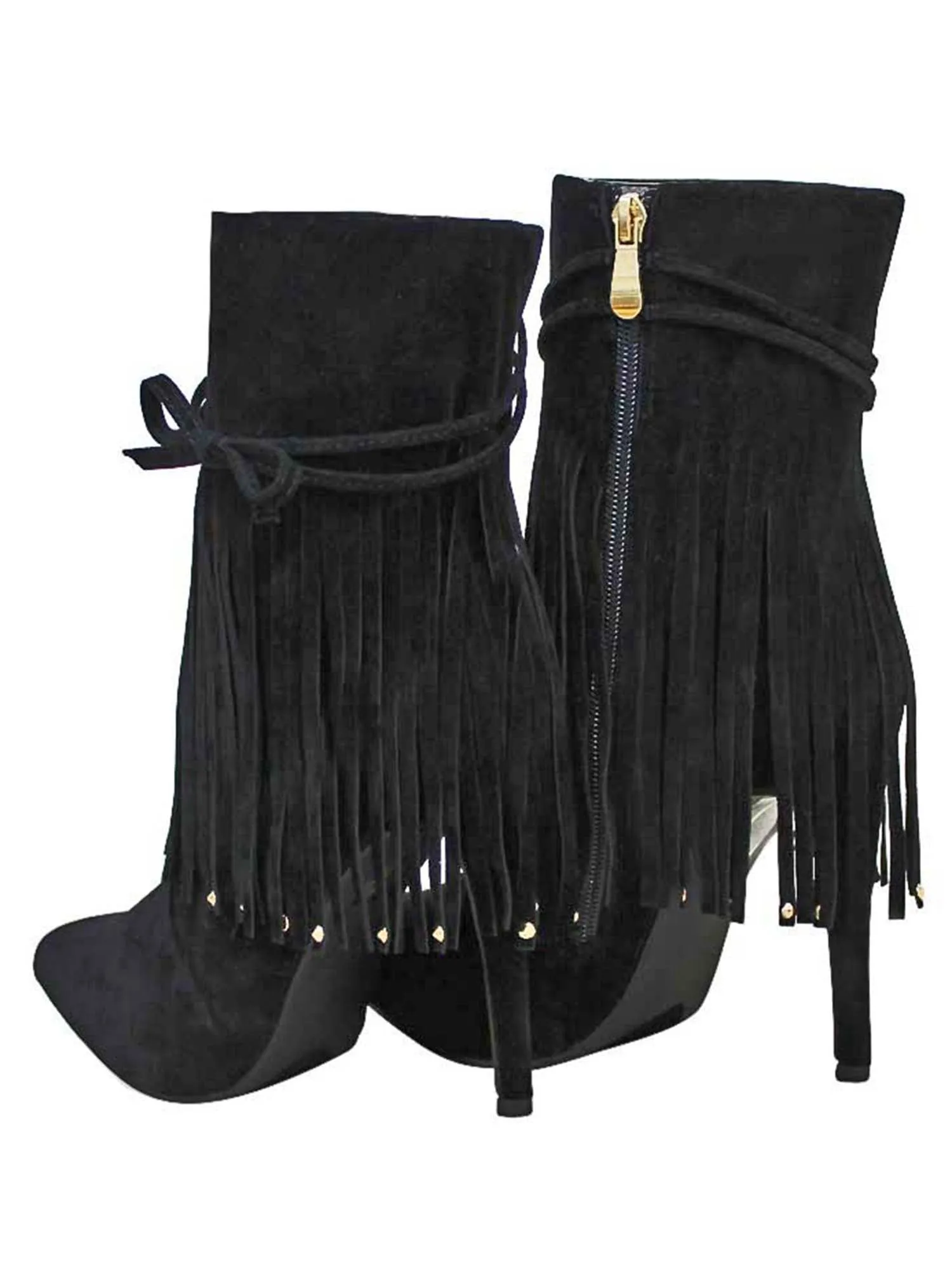 Black Fringe Bootie Pumps for Women