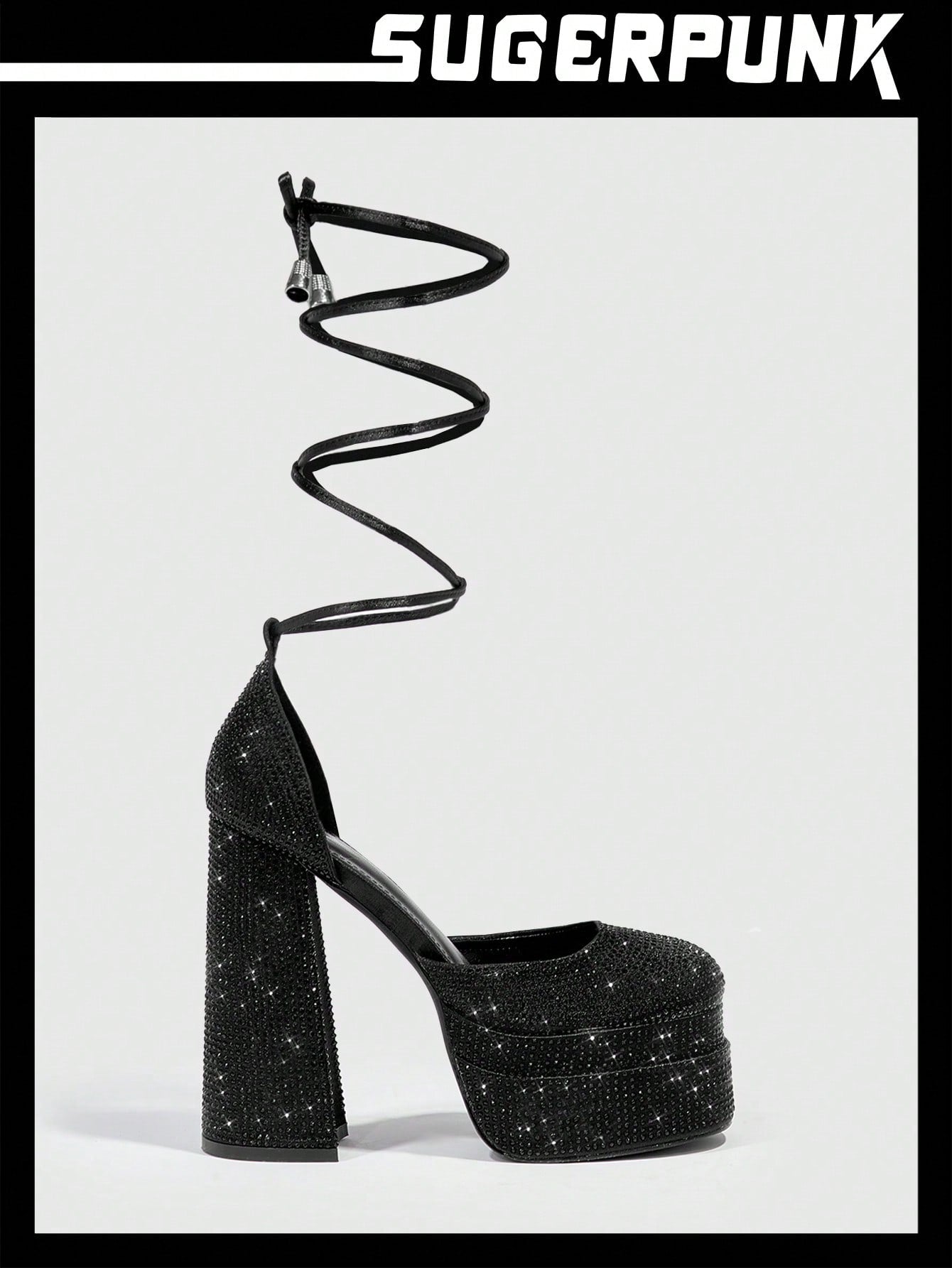 Black Rhinestone Party Shoes with Tie Leg Design and Chunky Heeled Platform - Spring/Summer Satin Strappy Pumps