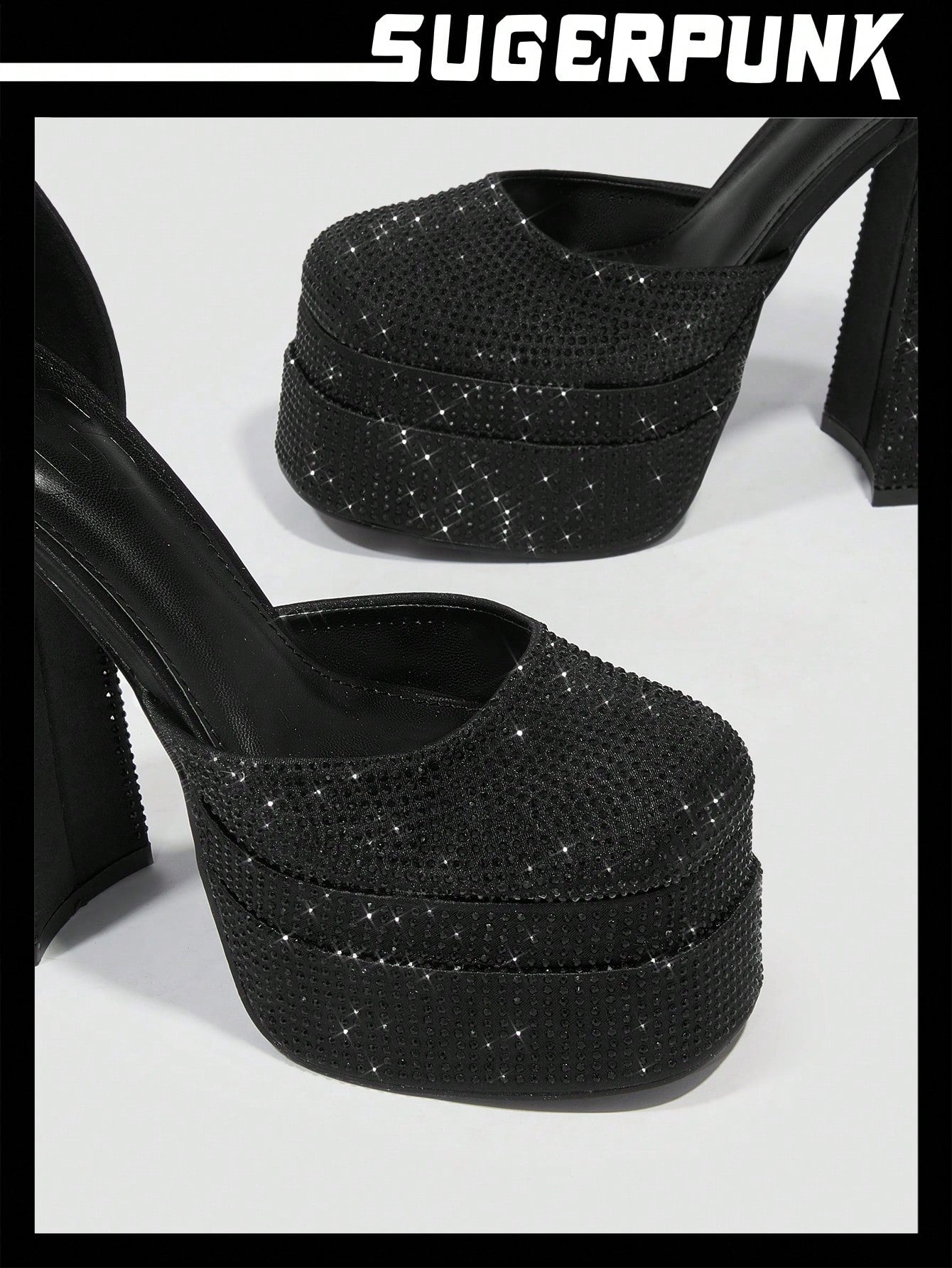 Black Rhinestone Party Shoes with Tie Leg Design and Chunky Heeled Platform - Spring/Summer Satin Strappy Pumps