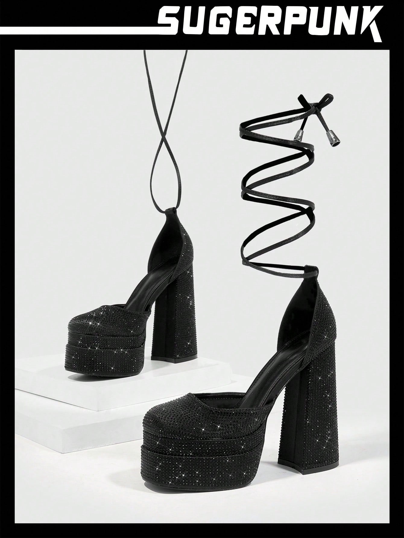 Black Rhinestone Party Shoes with Tie Leg Design and Chunky Heeled Platform - Spring/Summer Satin Strappy Pumps