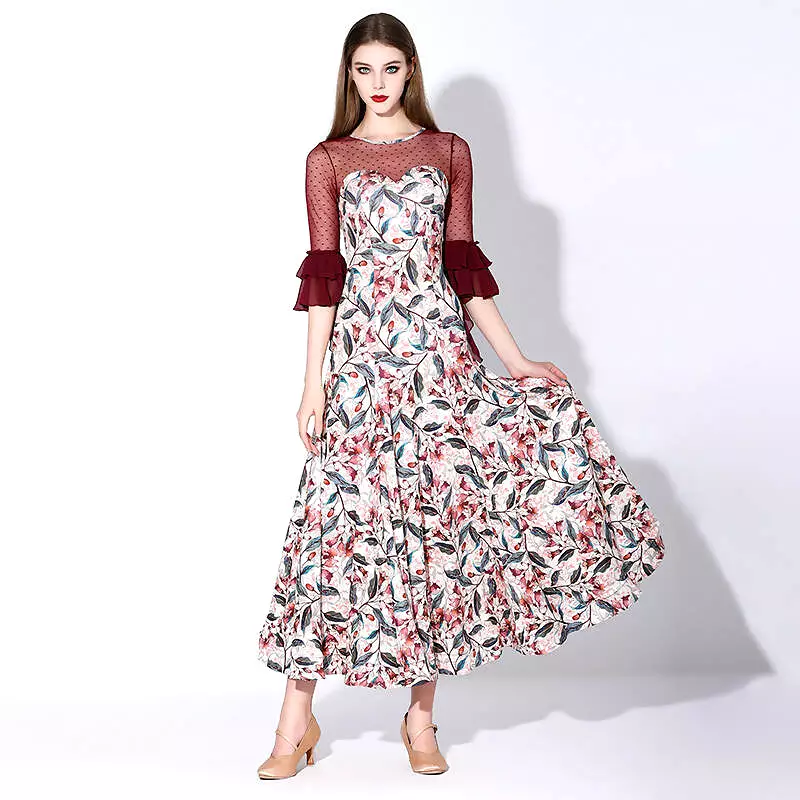 Blossom Motif Ballroom Dance Dress - Blue, Wine Red, Purple, Yellow - 880