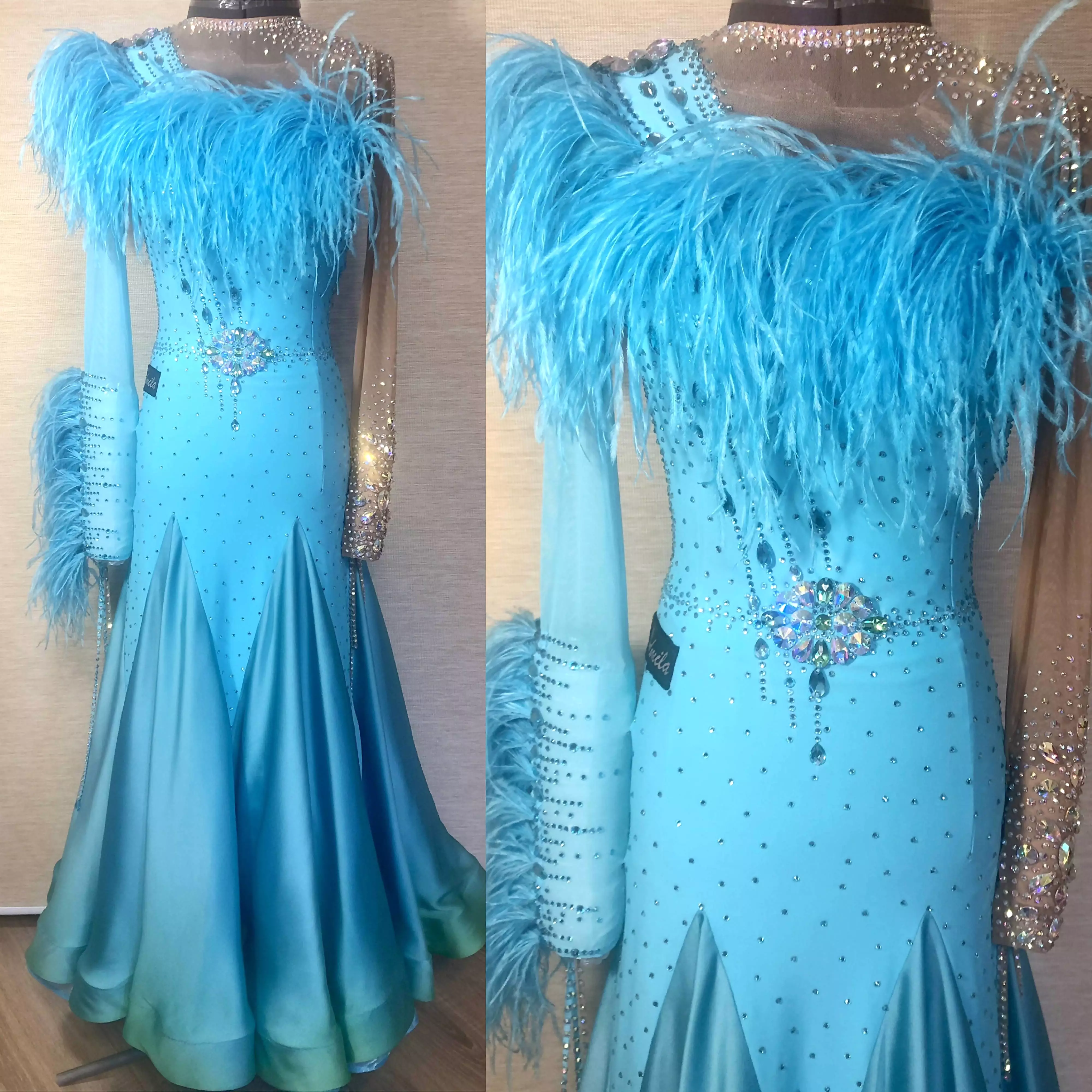 Blue Feathered Ballroom Dress