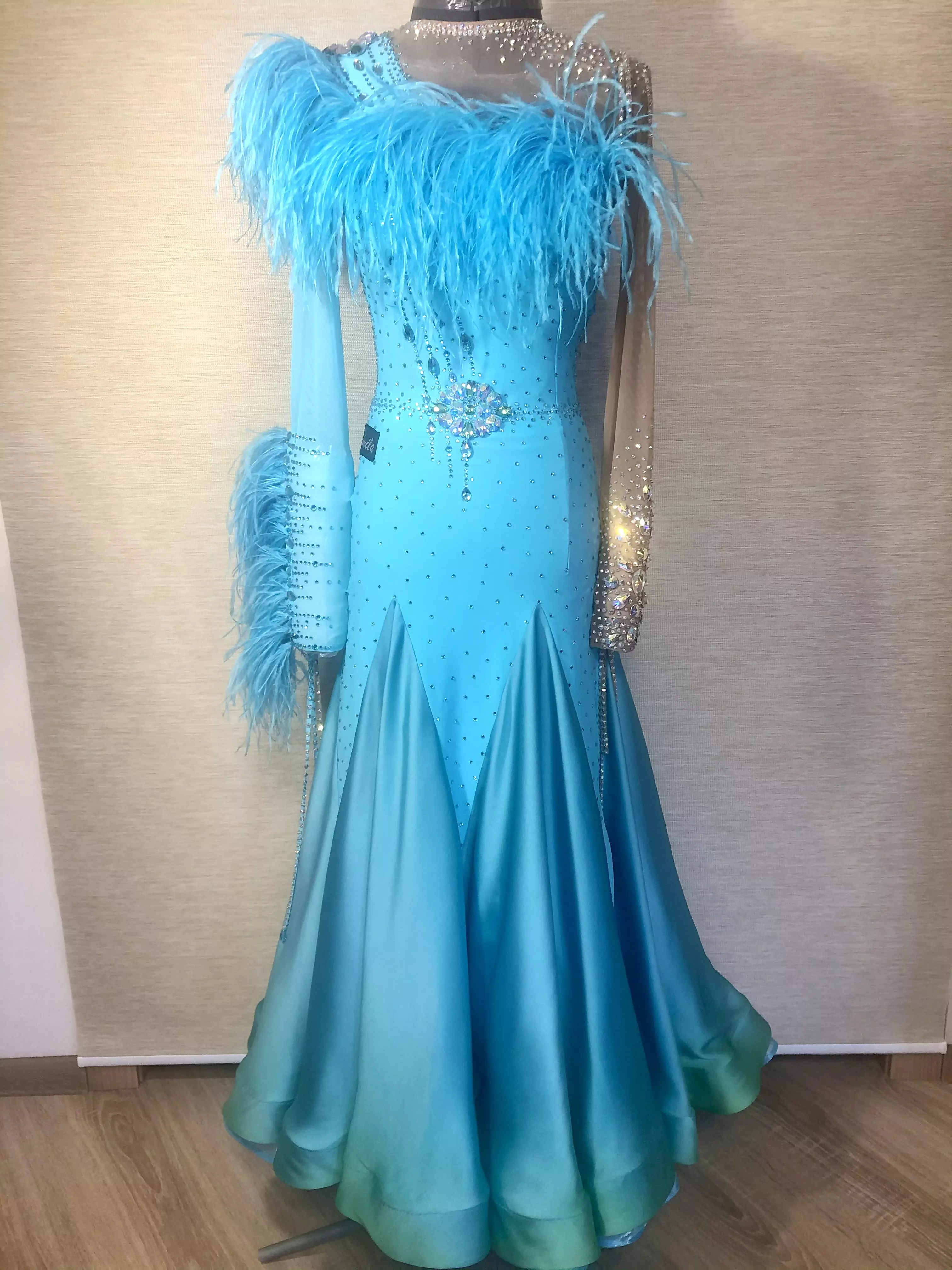 Blue Feathered Ballroom Dress