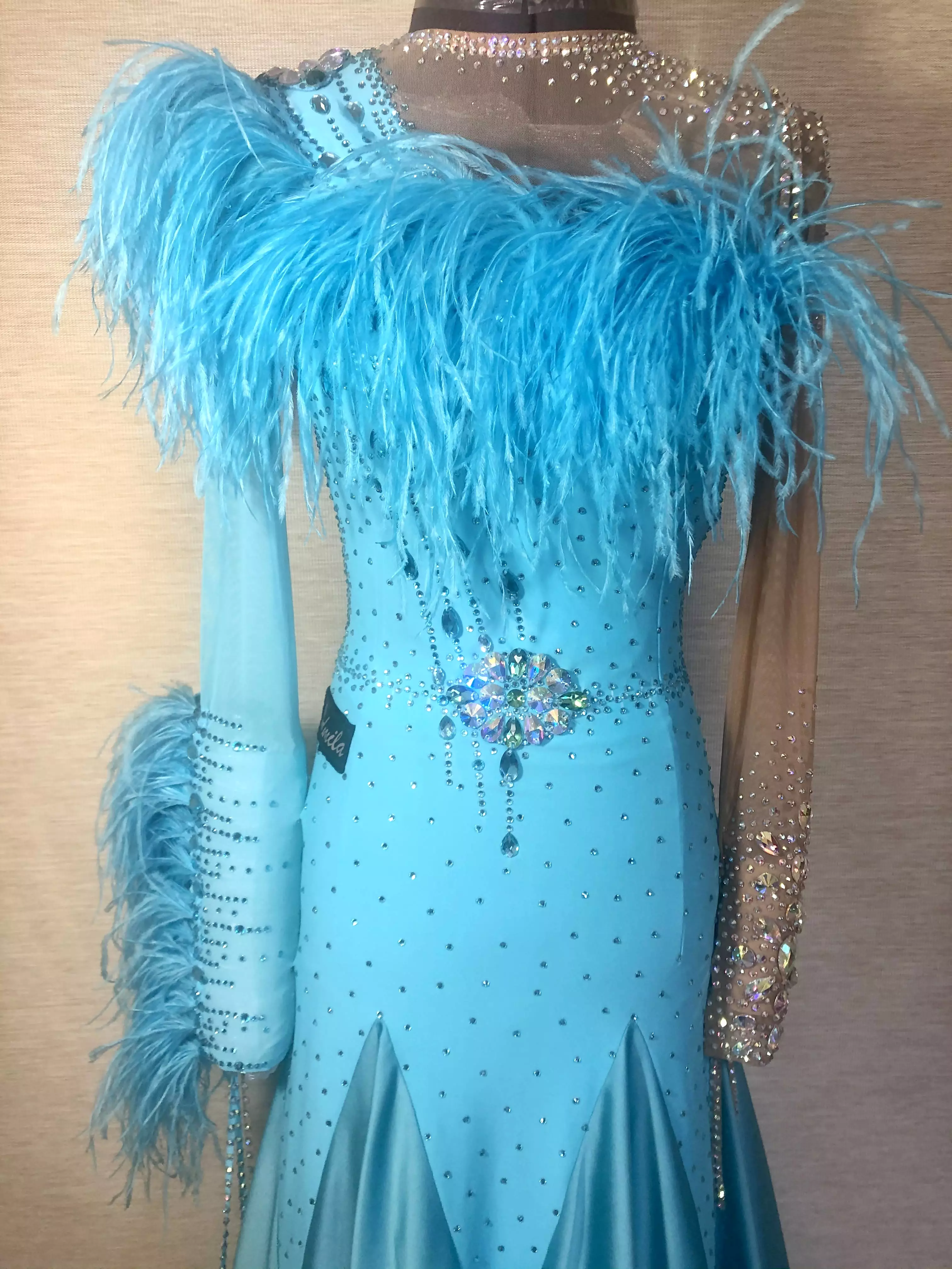 Blue Feathered Ballroom Dress