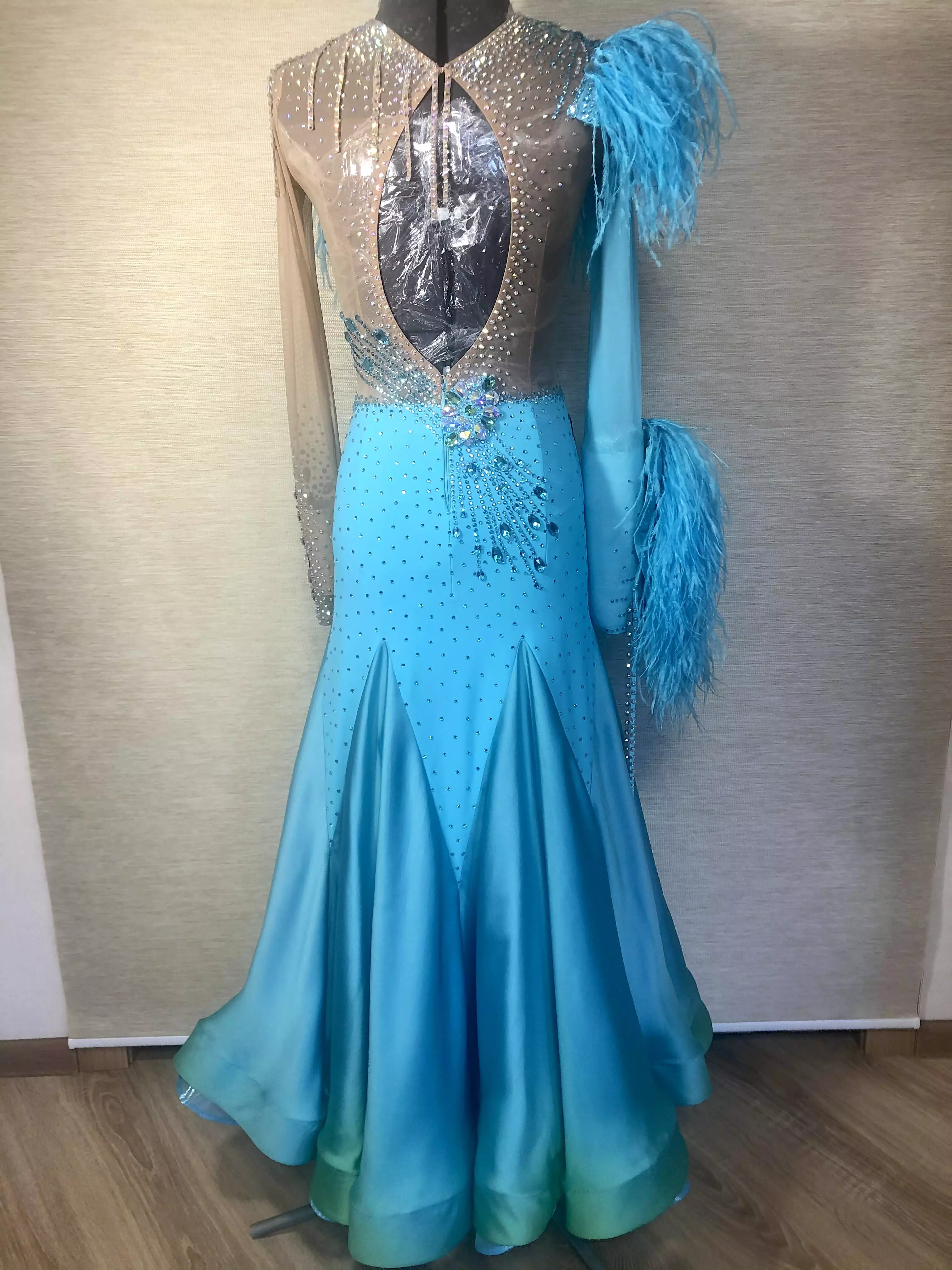 Blue Feathered Ballroom Dress