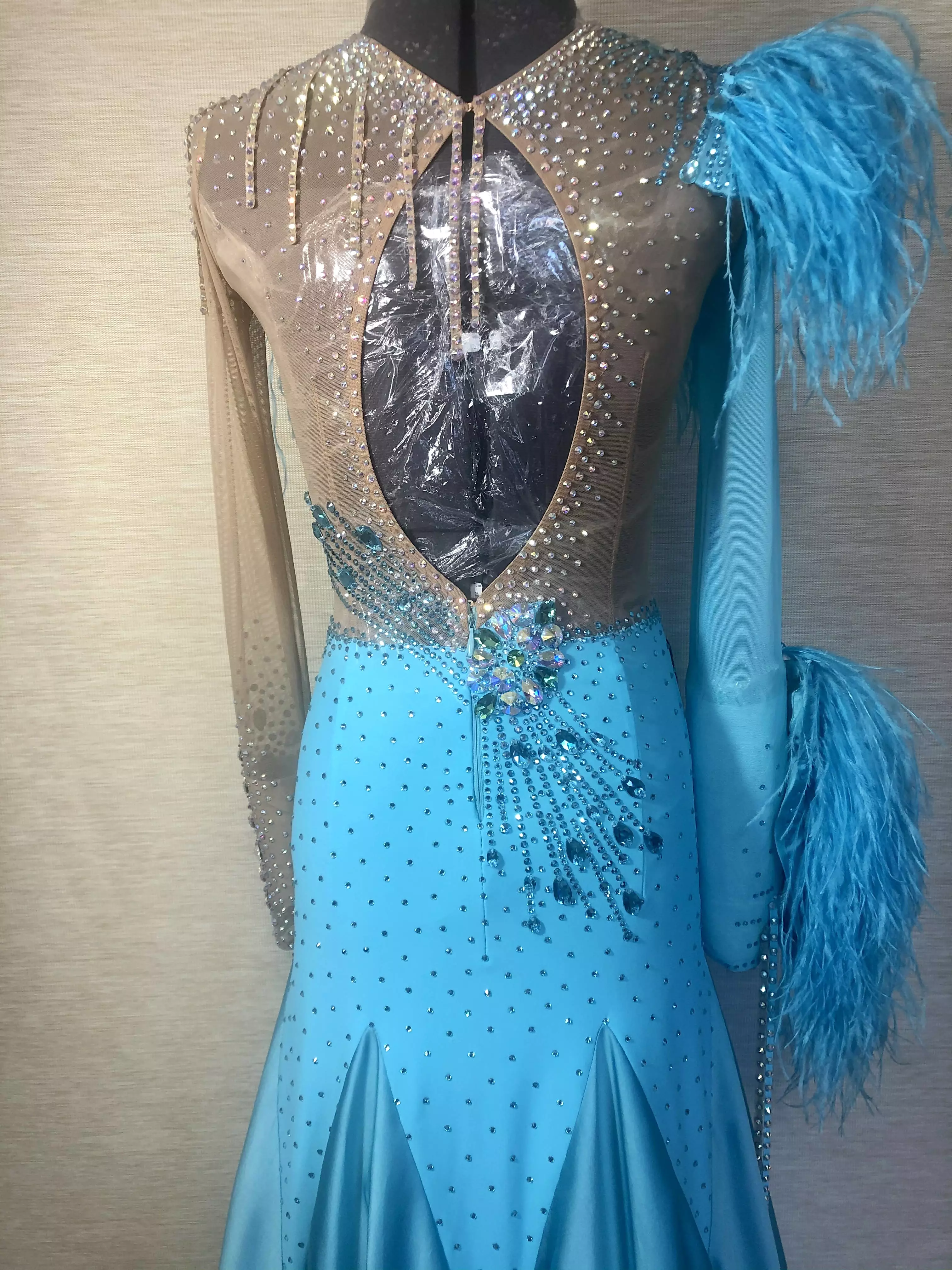 Blue Feathered Ballroom Dress